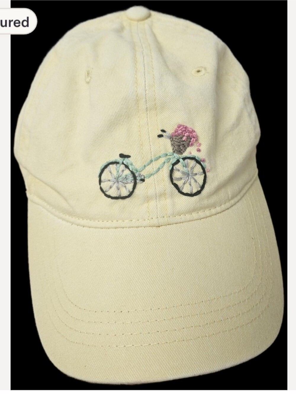 Baseball Cap with Hand Embroidered Bicycle and Flowers